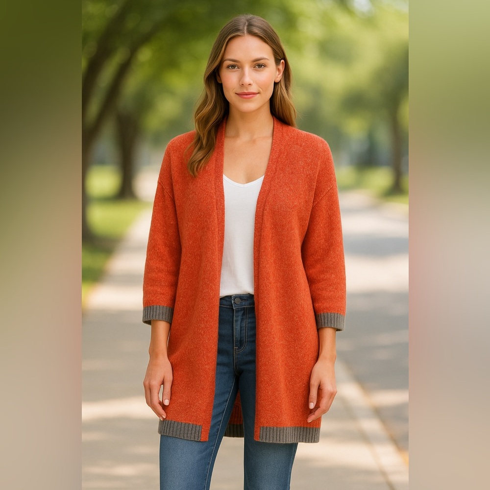 Democracy Open Front High-Low Cardigan Sweater Orange Heathered Knit Large Fall